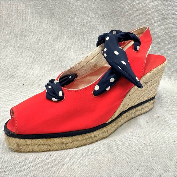 Charles Jourdan vintage 80s red espadrille wedge peep toe Euro size 37 - Picture 1 of 15